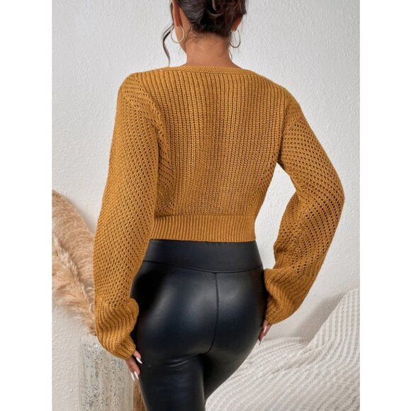 NWOT Cropped Cable Knit Chain V-Neck Sweater in Ginger/Orange Size Large - Picture 2 of 6